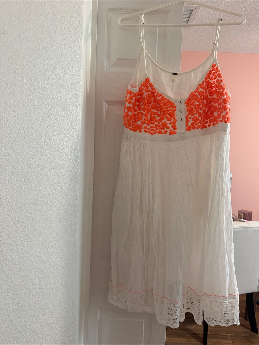 Women's White Sundress with Bright Orange Embellished Bodice